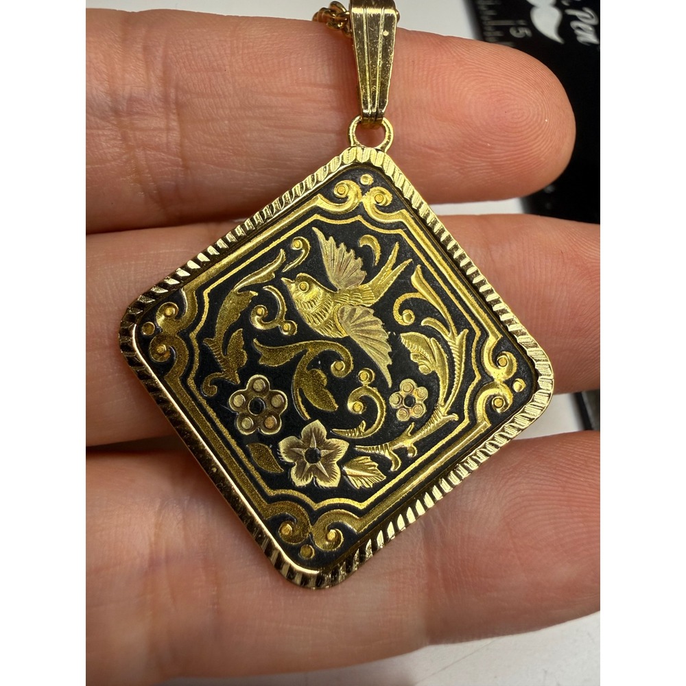 Vintage Damascene Bird Floral Pendant Necklace Gold Tone Black Square Spanish